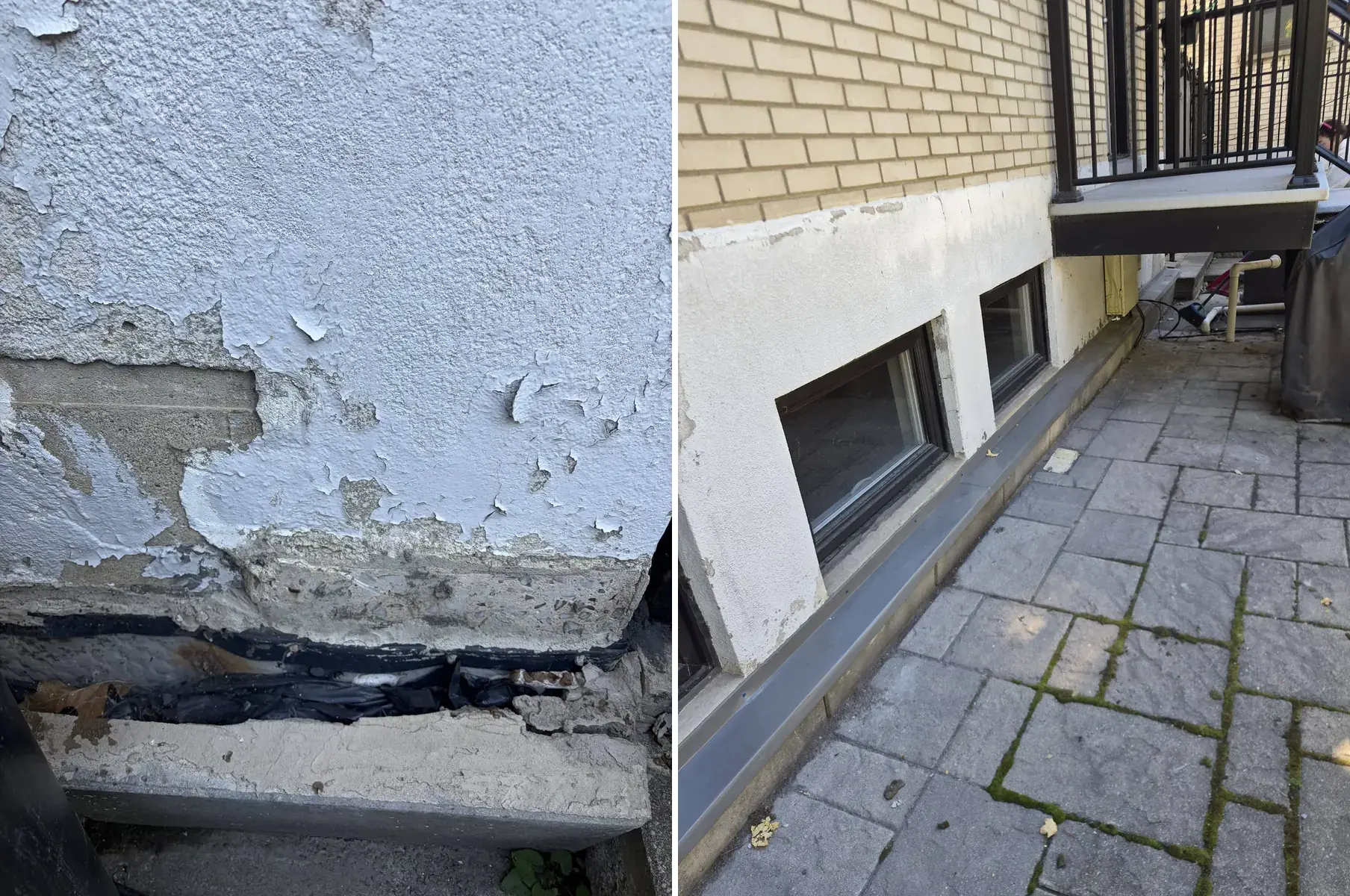 Avant et après : crépi de fondation qui s'écaille, puis solin d'aluminium posé et pavé remis en place