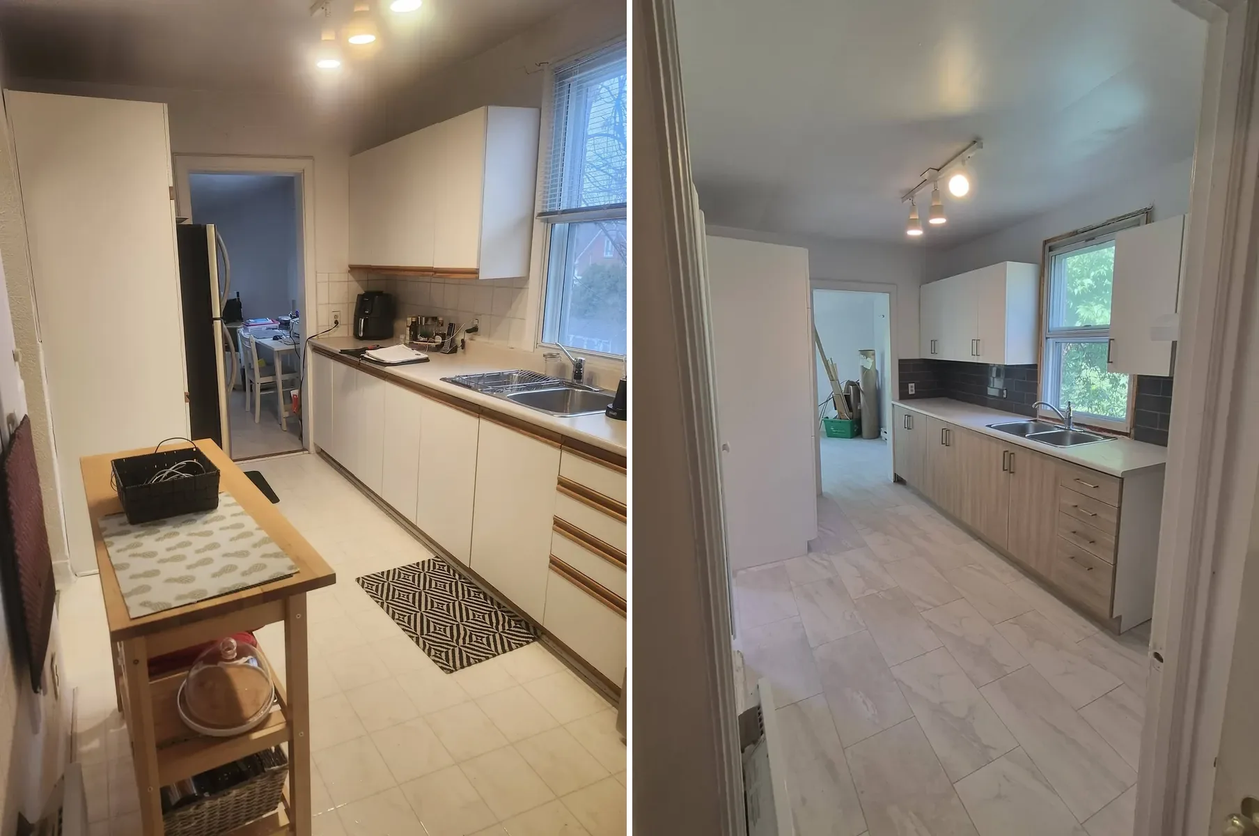 Avant et après : cuisine blanche d'origine, puis cuisine neuve en bois et dosseret gris vue de la porte