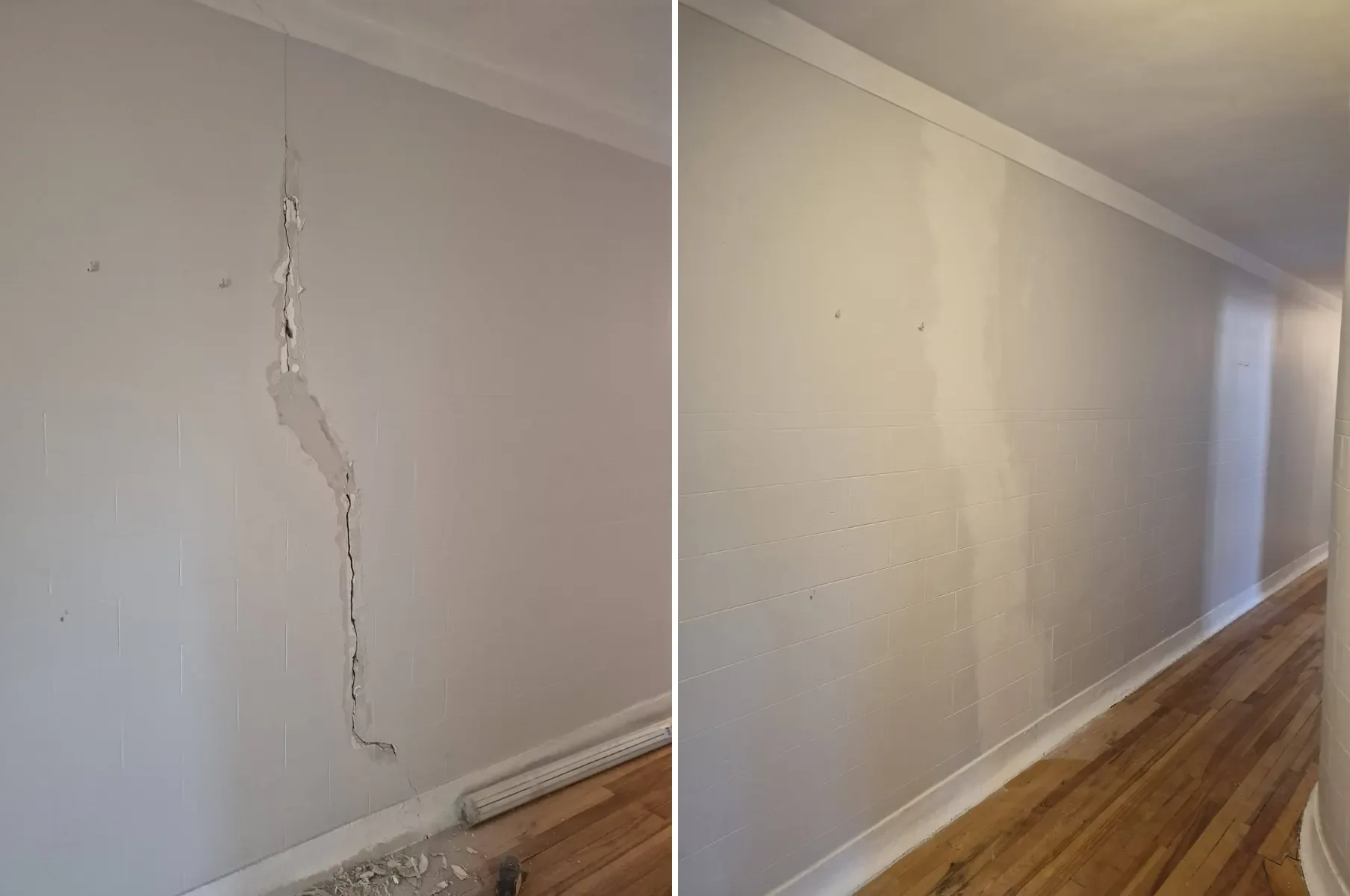 Avant et après : grande fissure dans le plâtre, puis le même mur réparé et repeint